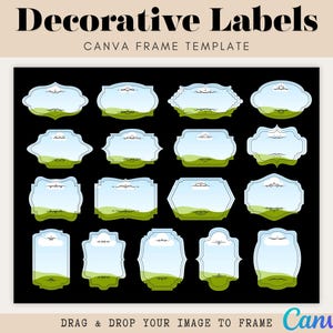 Puede incluir: Plantilla de etiquetas decorativas con varias formas, incluyendo diseños ovalados, rectangulares y hexagonales. Cada etiqueta presenta un paisaje de cielo y hierba, con un borde decorativo. El texto "Decorative Labels" y "CANVA FRAME TEMPLATE" está en la parte superior.