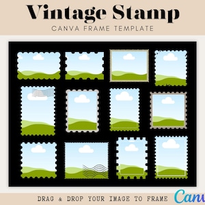 May include: A black Canva frame template featuring a collection of vintage-style stamps. Each stamp has a blue sky background with white clouds and green rolling hills. The text "Vintage Stamp" is at the top.