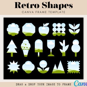 Peut inclure: Graphique noir avec le texte "Retro Shapes" et "Canva Frame Template". L'image présente diverses formes de style rétro, dont une pomme, une glace et un arbre, chacune avec un paysage.
