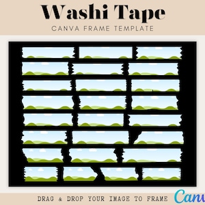 Puede incluir: Una plantilla de Canva para el diseño de washi tape. La imagen presenta un rectángulo negro con múltiples marcos rectangulares, cada uno parecido a un trozo de washi tape. Los marcos contienen un paisaje con colinas verdes y cielo azul. El texto en la parte superior dice "Washi Tape".