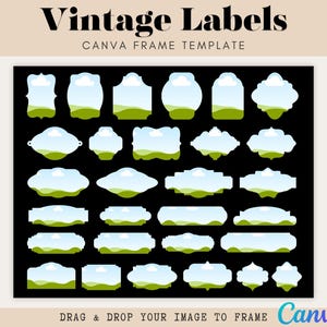 Può includere: Una collezione di modelli di etichette vintage in varie forme, tra cui rettangoli, ovali e design ornati. Ogni etichetta presenta un'illustrazione di cielo blu e paesaggio verde. Il testo "Vintage Labels" e "Canva Frame Template" è in alto.