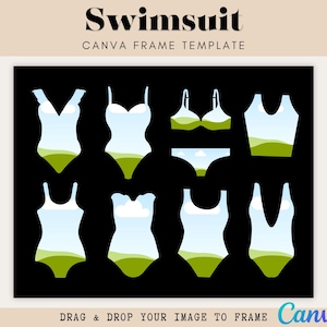 May include: A black background displays a collection of swimsuit designs. The swimsuits are white with a blue sky and green landscape design. The text "Swimsuit" and "Canva Frame Template" are at the top.
