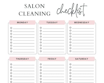 May include: A printable salon cleaning checklist with a pink header and a list of tasks for each day of the week, including Monday, Tuesday, Wednesday, Thursday, Friday, Saturday, and Sunday. There is also a section for other tasks and notes.