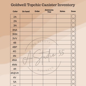 Goldwell Topchic Canister Inventory sheet. Printable, salon inventory, hairstylist