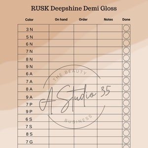Rusk Deepshine Demi Gloss Inventory sheets, printable, salon hair color inventory, hairstylist, colorist, salon studio, salon owner