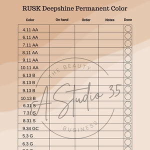 Rusk Deepshine Permanent Color Inventory Sheets, printable, salon hair color inventory, hairstylist, colorist, salon studio, salon suites,