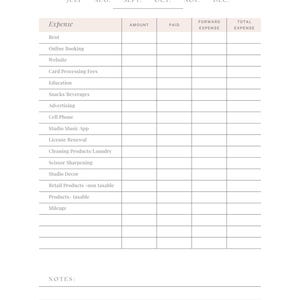 May include: A minimalist expense tracker for 2026, featuring a clean layout with columns for expenses, amounts, and dates. The design includes sections for various expense categories like rent, advertising, and mileage, with space for notes.
