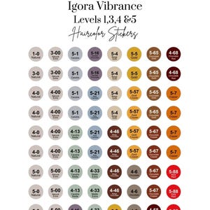 May include: A chart of hair color swatches for Igora Vibrance hair color. The chart includes levels 1, 3, 4, and 5. The swatches are arranged in rows and columns, with each swatch labeled with a number and a color name. The colors range from natural blonde to red.