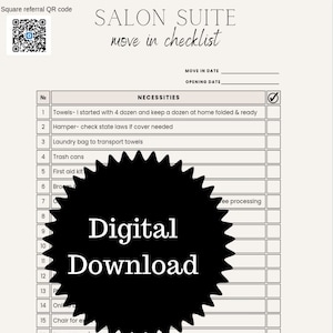 Salon Studio, salon suite move in checklist, 4 pages salon needs, hairstylist supply list, salon supply list, salon start up