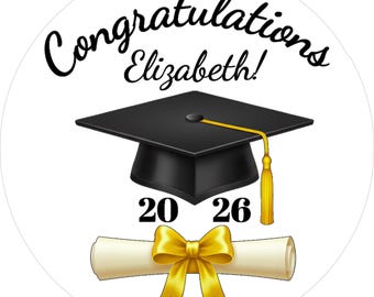 Personalized Graduation Stickers 2026 | Custom Name Grad Labels | Cap & Diploma Stickers | Class of 2026 Party Favor Seals | 1” 1.5” 2” 2.5”