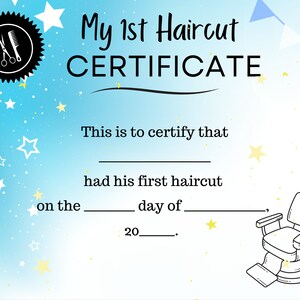 デジタル男の子の初めてのヘアカット証明書、子供の初めてのヘアカット、赤ちゃんの初めてのヘアカット、初めてのサロンヘアカット