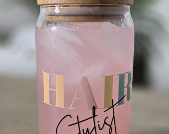 Hair Stylist Sipper Glass,16oz with bamboo lid & straw|Ideal Gift for Hairstylist glass tumbler, Beercan glass, Iced coffee glass,glass cup