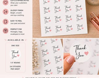 Thank You Stickers with Colored Heart | Small Business Packaging Stickers | Cute Thank You Labels | Envelope Seals 1.5"