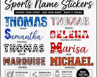 Personalized Sports Name Stickers | Custom Athlete Name stickers | Football, basketball, soccer, volleyball, baseball, Tennis, hockey, cheer