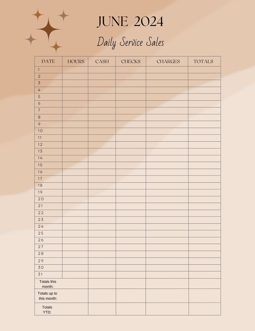 Printable June Daily Service Sales, Hairstylist Income Tracker ...