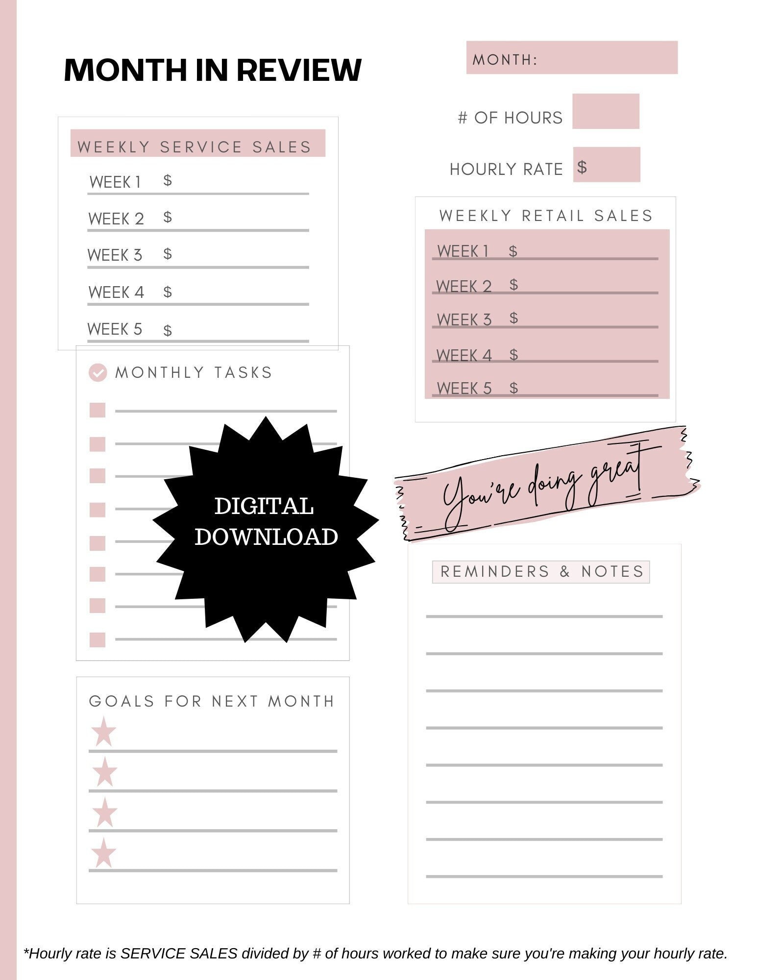 Printable Month in Review Tracker Sheet for Hairstylist, Nail Tech