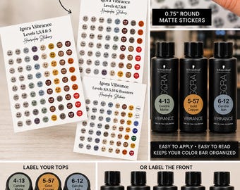 Igora Vibrance hair color stickers, Schwarzkopf hair color labels, salon color storage, hair color organizer, hair color bottle stickers