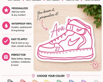 Custom Sneaker Sticker • Personalized Shoe Name Sticker • Nike Inspired Line Art • Custom Name & Number Sticker • Gift for Sneaker Lover