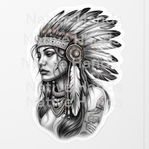 May include: Black and white illustration of a woman wearing a traditional Native American headdress with feathers. She has long, dark hair and a serious expression. The headdress is adorned with beads and other decorative elements.