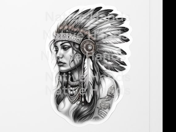 Native American Woman Headdress Sticker, Black and White Sketch Art