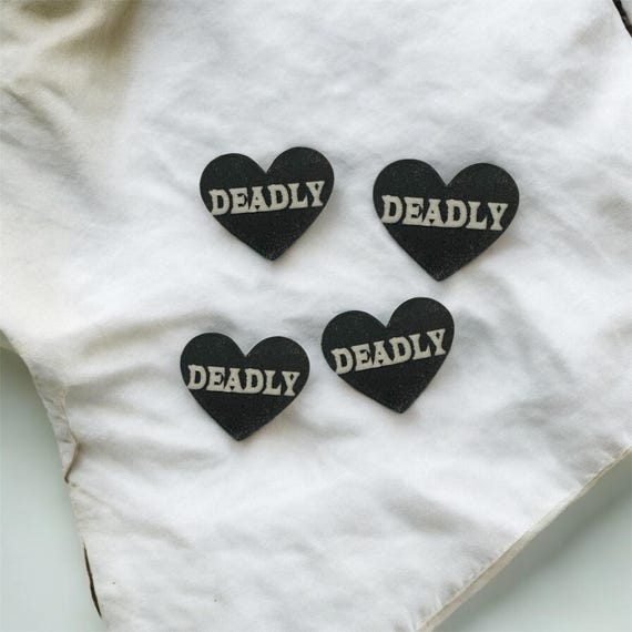 Pair Deadly laser engraved matte black acrylic heart cab cabachon center