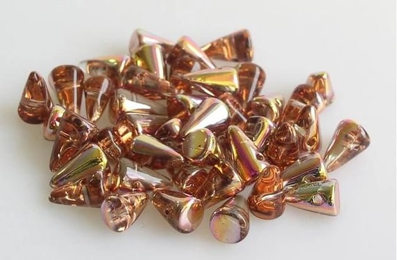 30 5x8mm CRYSTAL with half peach iridescent coating czech baby spike thorn glass beads