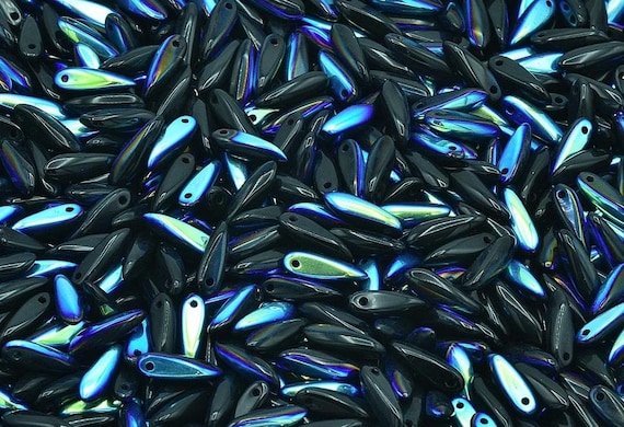 50 3X11mm BLACK AB czech dagger thorn glass beads