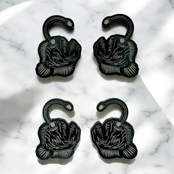 Laser Engraved Anglerfish Charms - Black Acrylic Cabochon Pair