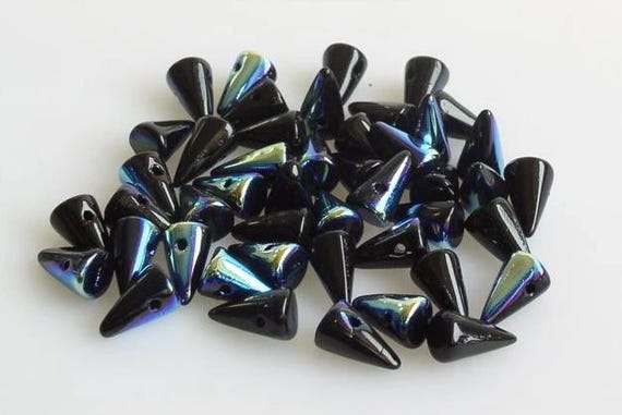 30 5x8mm BLACK AB czech baby spike thorn glass beads