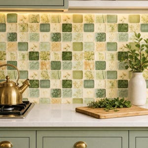 May include: A kitchen backsplash featuring a grid of square tiles in shades of sage green, cream, and soft yellow, decorated with botanical illustrations. A brass tea kettle sits on the stove, and a wooden cutting board holds fresh herbs.