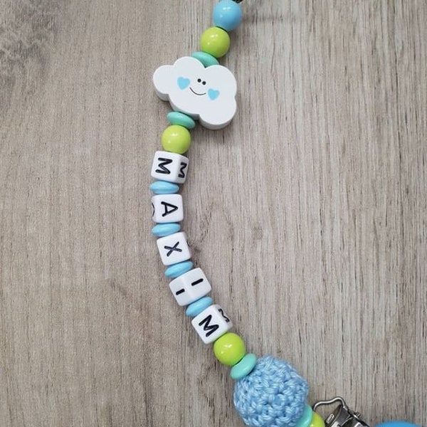 Pacifier chain with name, cloud, elephant