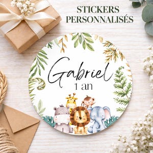 Pegatina de cumpleaños personalizada de la jungla – Etiqueta autoadhesiva con nombre y edad – 4 cm – Decoración para fiestas infantiles – Temática de animales de safari