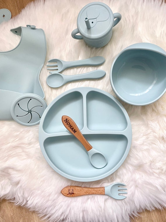 Coffret Repas Bébé 10 Pièces Silicone - Assiette Ventouse Antidérapante, Bol, Bavoir, Cuillère Apprentissage (Vert)