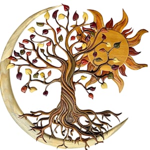 May include: Wooden wall art depicting a tree with colourful leaves, a sun, and a crescent moon. The tree's trunk and roots are intricately carved, with the sun and moon adding a celestial touch. The leaves are in shades of red, yellow, and green.
