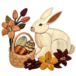 May include: A white wooden bunny rabbit sits next to a basket filled with Easter eggs. The basket is made of wood and has a woven pattern. The bunny is holding a single egg in its paw. The bunny and basket are surrounded by flowers in shades of orange, red, and brown.