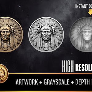 Native American Indianerhäuptling Münzdesign für 3D Lasergravur mit Höhenkarte | Hochwertiges Bild für Lightburn und Faserlaser
