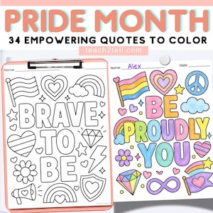 Może przedstawiać: Kolorowanka na Miesiąc Dumy z tekstem "PRIDE MONTH" i "34 INSPIRUJĄCE CYTATY DO POKOLOROWANIA". Strona zawiera słowa "BRAVE TO BE" i "BE PROUDLY YOU" z różnymi ilustracjami o tematyce Pride, w tym flagami, sercami i tęczami.