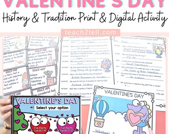 May include: A digital Valentine's Day activity for kids. The activity includes a printable and digital version. The digital version is shown on a tablet screen. The screen shows a colorful graphic of two hearts with the text "Fun Facts Cards 1-16" and "Fun Facts Cards 17-32".