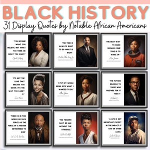 May include: A set of 31 framed display quotes by notable African Americans. Each frame contains a portrait and a quote, with the words "Black History" at the top. The quotes are in various fonts and styles, and the portraits are of famous figures.