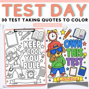 Op de afbeelding: Twee kleurplaten met de tekst "Keep Cool You Rule" en "Own This Test". De afbeelding toont een cartoonhond met zonnebril en hoed. De tekst "Test Day" staat bovenaan.
