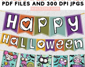 Könnte beinhalten: Ein Halloween-Banner mit den Worten "HAPPY HALLOWEEN" in weißen Buchstaben auf bunten Wimpeln. Das Banner enthält Illustrationen von gruseligen Figuren wie einer Maus, einer Schnecke, einer Katze, einem Mädchen und einer Mumie.