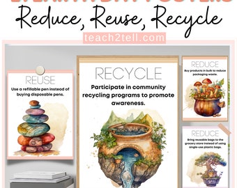 Puede incluir: Tres carteles coloridos con ilustraciones de acuarela que promueven el Día de la Tierra. Los carteles presentan las palabras "Reducir", "Reutilizar" y "Reciclar" con imágenes y texto correspondientes. El cartel "Reducir" muestra una olla de hongos, el cartel "Reutilizar" muestra una pila de piedras y el cartel "Reciclar" muestra una olla con una cascada.