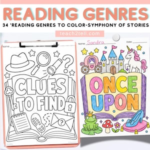 以下が含まれることがあります： 「READING GENRES」、「CLUES TO FIND」、「ONCE UPON」の文字が入った2つの塗り絵。1つのページには、帽子、虫眼鏡、疑問符を使った探偵テーマがあります。もう一方のページには、お城、ユニコーン、馬車を使ったおとぎ話のテーマがあります。