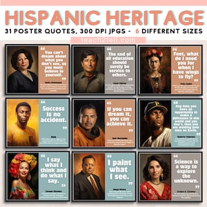 Hispanic Heritage Month Bulletin Board 31 Poster Quotes jpg, Historical Figures, Inspirational Latinx & Hispanic Leaders for Classroom Decor
