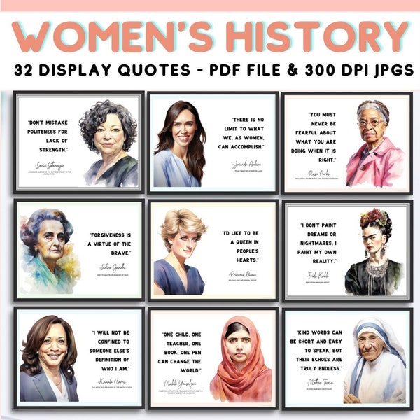 Inspirational Women's History Month Quote Posters, 32 Printable Feminist Icons Wall Art, Educational Classroom Decor, Digital Download