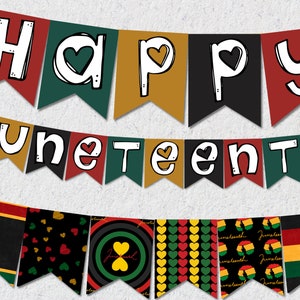 May include: A colorful banner with the words "Happy Juneteenth" in white letters on a red, green, black, and gold background. The banner is decorated with hearts.