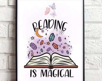 Póster de lectura para el aula, póster imprimible de biblioteca, decoración de biblioteca, póster con frase sobre lectura, decoración para el aula de inglés "Leer es mágico"