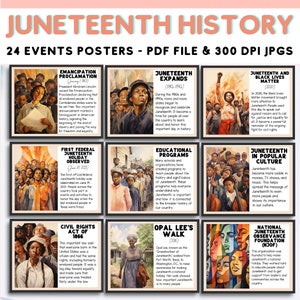 May include: A colorful poster with illustrations of Black people celebrating Juneteenth. The poster includes the text "Juneteenth History" and "24 Events Posters - PDF File & 300 DPI JPGs".