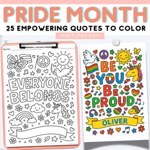 Páginas para colorear del Mes del Orgullo para niños y adolescentes, 25 carteles con citas LGBTQ+, decoración imprimible del Orgullo para el aula, actividades inclusivas para el tablón de anuncios