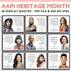 Könnte beinhalten: Eine Collage aus 9 inspirierenden Zitaten von bemerkenswerten asiatisch-amerikanischen und pazifischen Inselbewohnern. Jedes Zitat wird in einem schwarzen Rahmen mit einem Porträt der Person angezeigt. Die Zitate behandeln Themen wie Erfolg, Wissenschaft, Journalismus, Bildung und persönliches Wachstum.